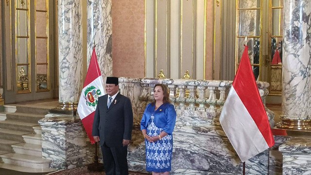 Presiden Prabowo Subianto (kiri) bertemu dengan Presiden Peru Dina Boluarte di Istana Peru Palacio de gobierno di Lima, Peru pada Kamis (14/11) waktu setempat. Foto: Zamachsyari/kumparan