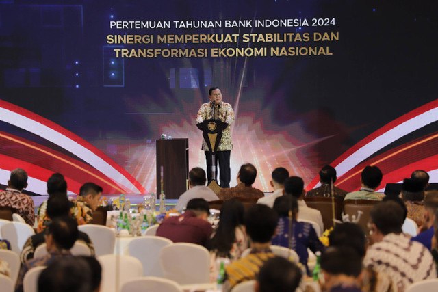 Presiden Prabowo Subianto memberikan sambutan pada acara Pertemuan Tahunan Bank Indonesia di Bank Indonesia, Jakarta, Jumat (29/11/2024). Foto: Jamal Ramadhan/kumparan