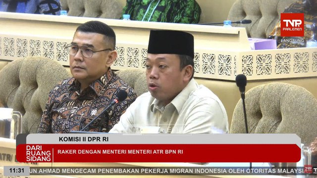 Menteri Agraria dan Tata Ruang Republik Indonesia Nusron Wahid mengikuti Rapat Kerja dengan Komisi II DPR RI di Kompleks Parlemen, Senayan, Jakarta, Kamis (30/1/2025). Foto: Youtube/ TVR Parlemen